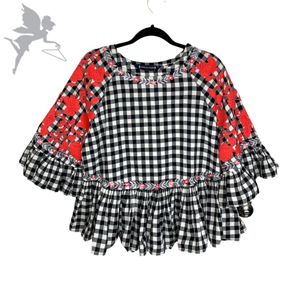 ANTHROPOLOGIE PANKAJ & NIDHI Tomato Girl Floral Gingham Peplum Top - Picture 3 of 8